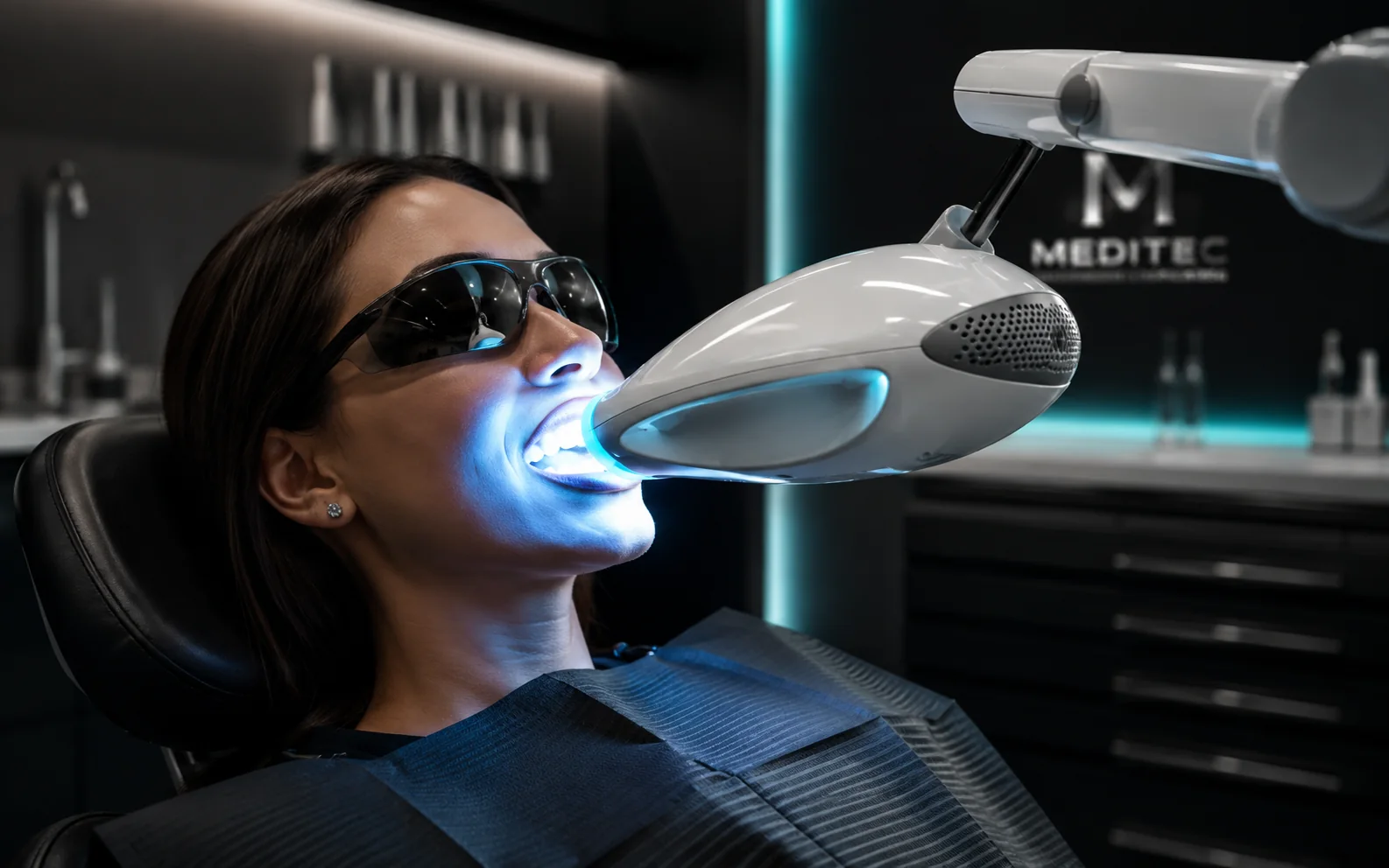 Representación ilustrativa de blanqueamiento dental con lámpara