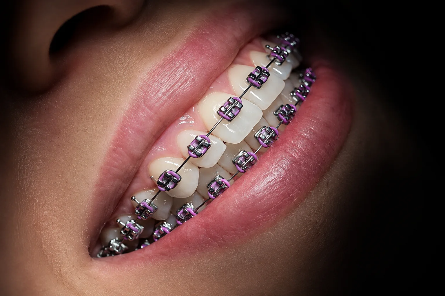 Representación ilustrativa de ortodoncia con brackets convencionales