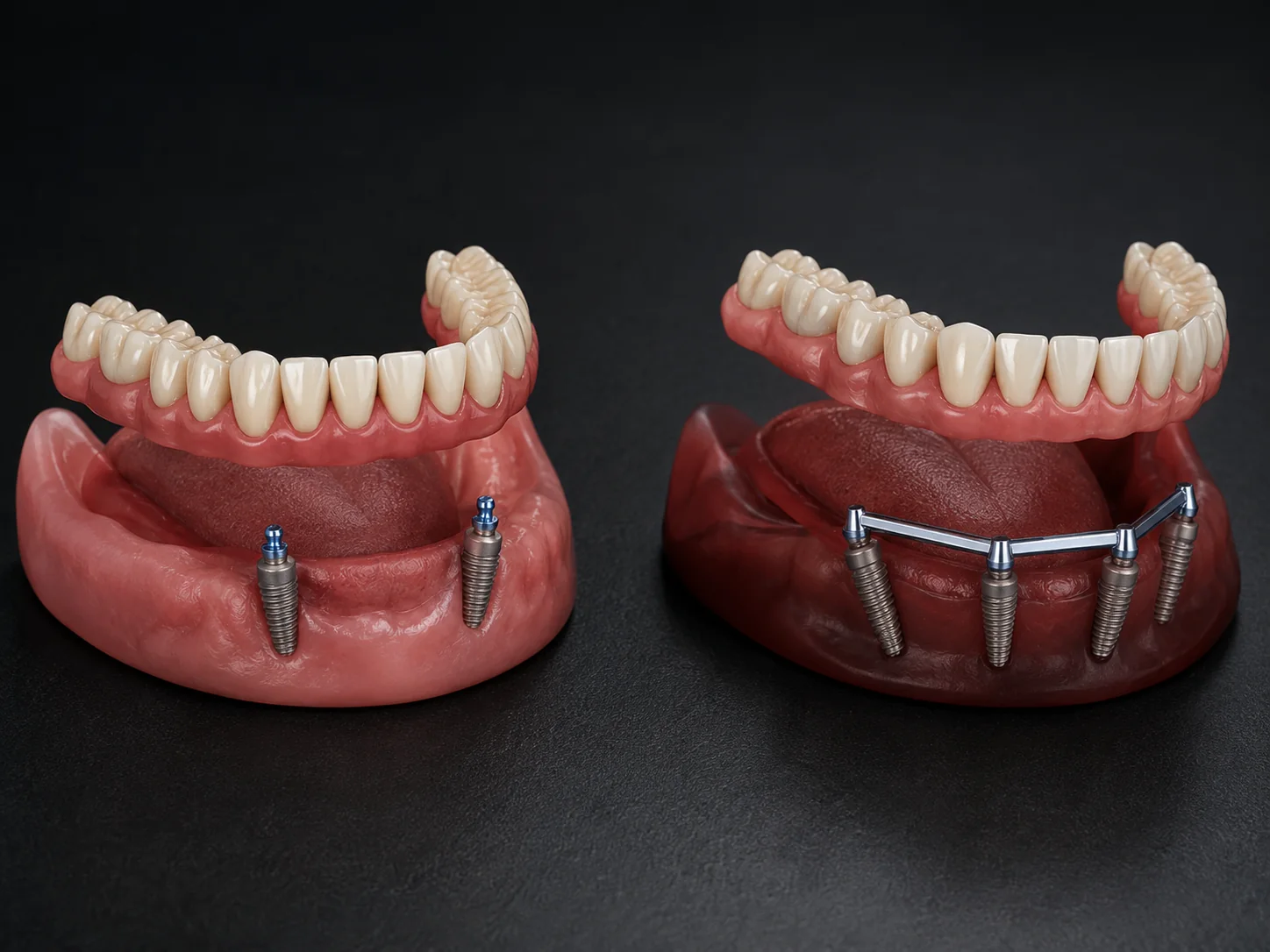 Representación ilustrativa de rehabilitaciones híbridas o semifijas sobre implantes