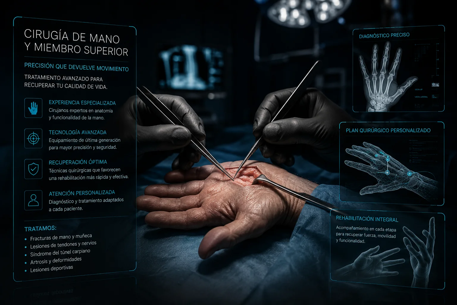 Representación ilustrativa de cirugía de mano