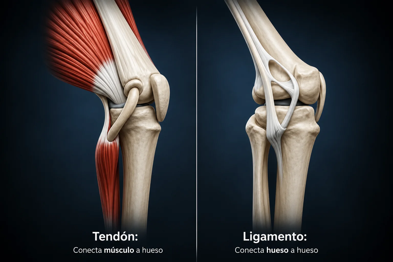 Representación ilustrativa de lesiones de ligamentos, meniscos y tendones